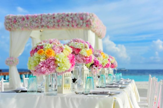 yellow-and-pink-petaled-flowers-on-table-near-ocean-under